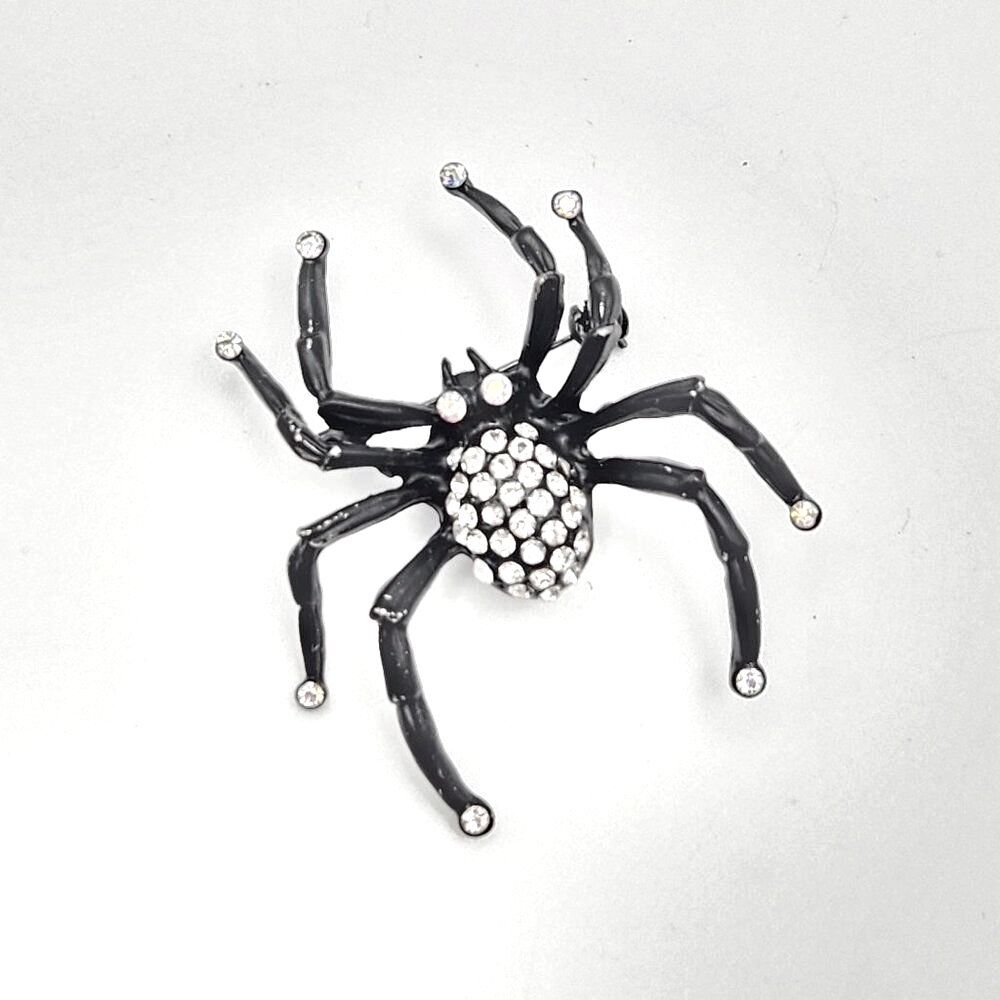 Spooky Gothic Black Spider Pin Sparkly Clear Rhinestone Crystal Brooch Halloween